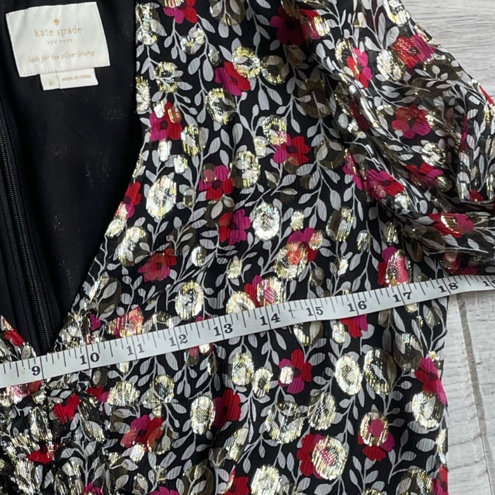 Kate Spade Floral Long Sleeve Dress in Black, Red, and Metallic Silver Sz 6 - Picture 8 of 10